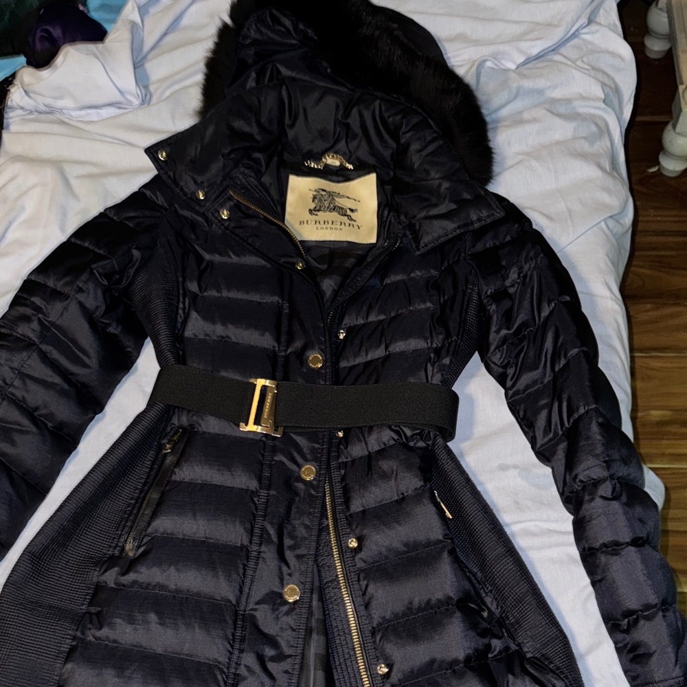 Burberry Women's Navy Puffer Jacket with Belt